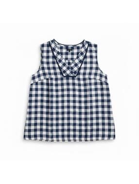 Talbots 100% Linen Gingham Top Blue White Sleeveless XL Coastal Preppy